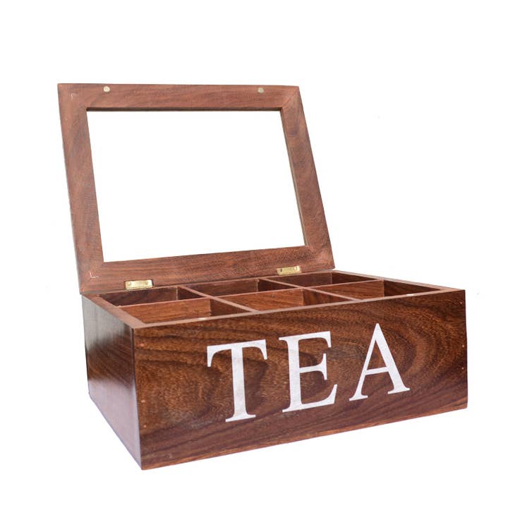 AK INTERNATIONAL - Wholesale Food storage container - Wooden Tea Storage Chest Box With 6 Compartments and Transparent Window2