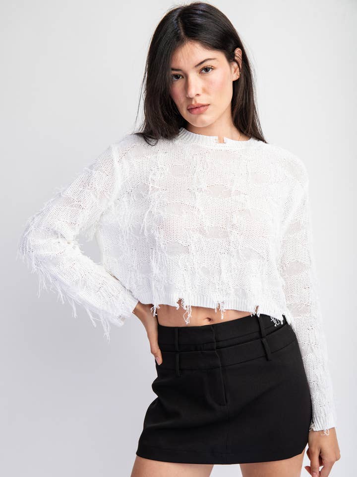 TOP CORTO IN MAGLIONE A MANICHE LUNGHE TT4469 CON FRANGE per la vendita all'ingrosso da parte di Edit by Nine