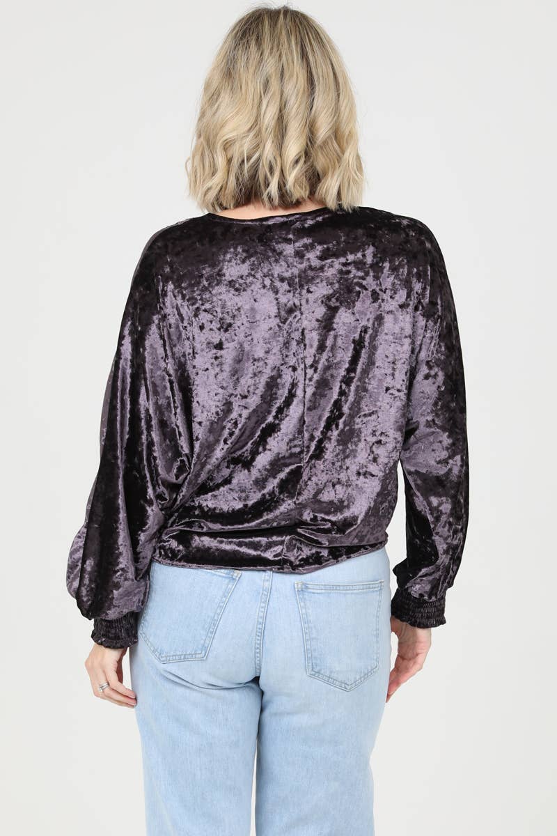 Nostalgia - Wholesale Blouse - Women's - E2V75-ASIS CRUSHED VELVET V NECK EMBROIDERED TIE WAIST TOP13