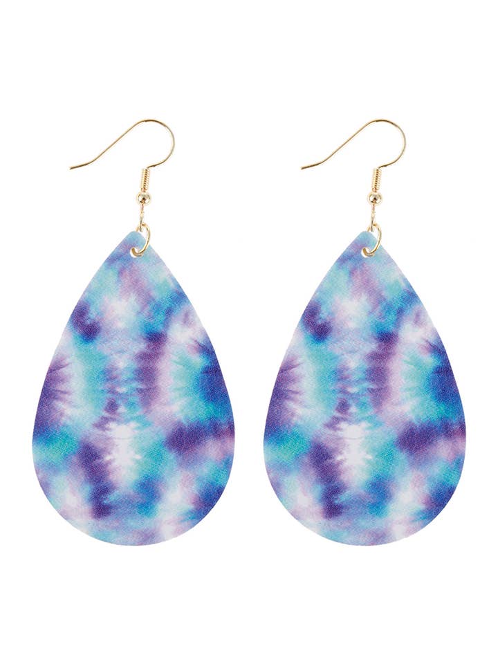 Abstract Blue Violet Printed Leather Teardrop Hook Earrings for wholesale by MYS Wholesale Inc