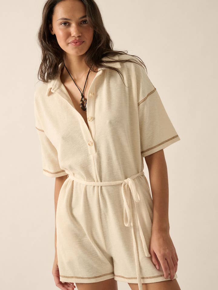 Collared Exposed-Seam Solid Rib-Knit Romper for wholesale by Promesa USA