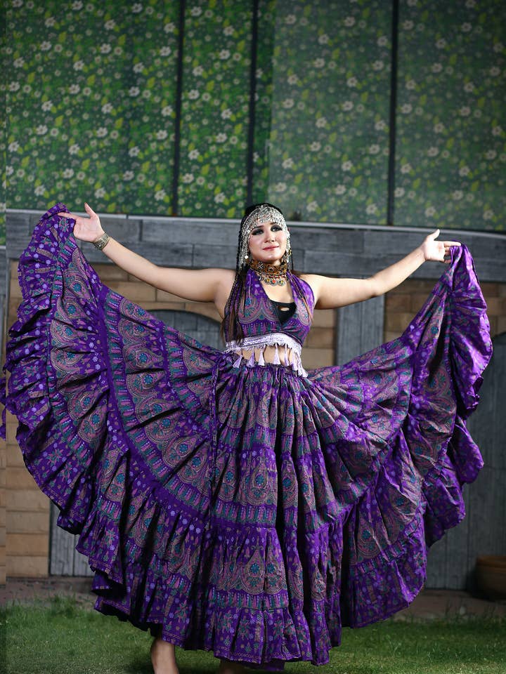 BLOCK PRINT SKIRT BEAUTY 4 BORDER SKIRT PURPLE for wholesale by Senoritas Tribal Designs