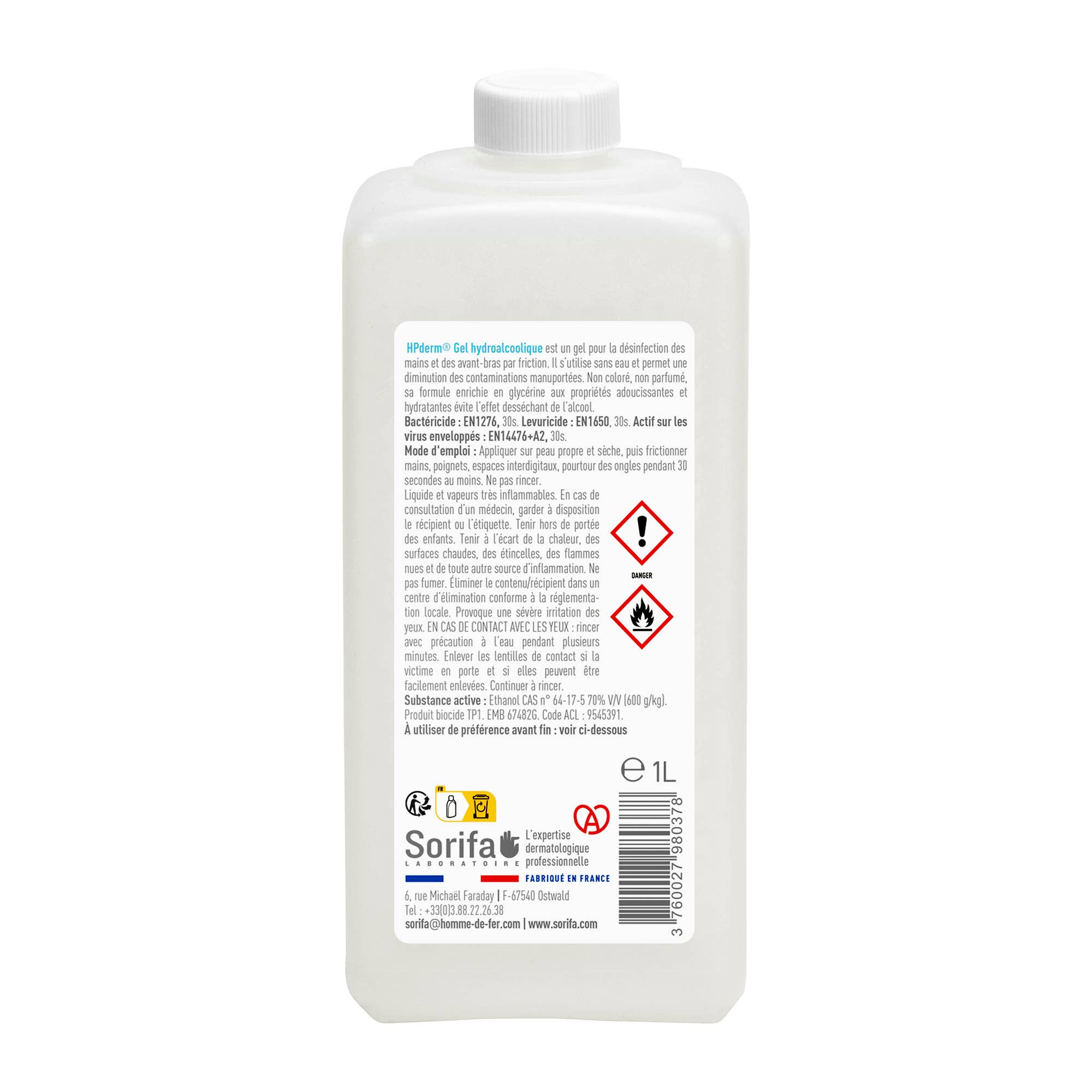 Laboratoire de l'Homme de Fer - SORIFA - Vente Désinfectants pour les mains - HPderm - Gel Hydroalcoolique - flacon 1L1