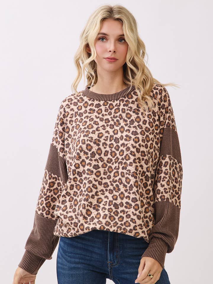 7th Ray - Wholesale Sweatshirt - Women's - Leopard print drop shoulder pullover sweatshirt T61160