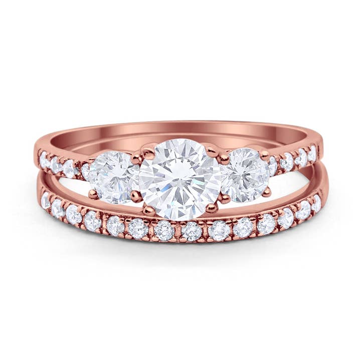 Three Stone Two Piece Bridal Round Rose Tone, Simulated Cubic Zirconia Wedding Ring for wholesale by Blue Apple Imports