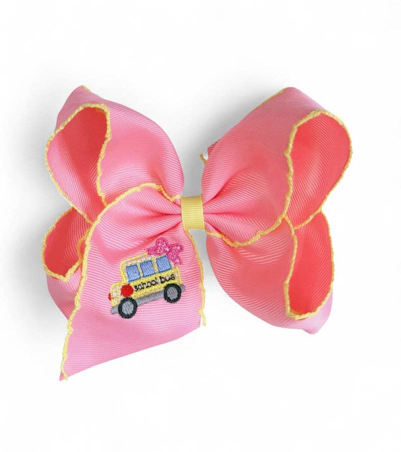 Pink Back to school embroidery and moon stitch hair bows. 4PCS/$12.00 for wholesale on Faire1