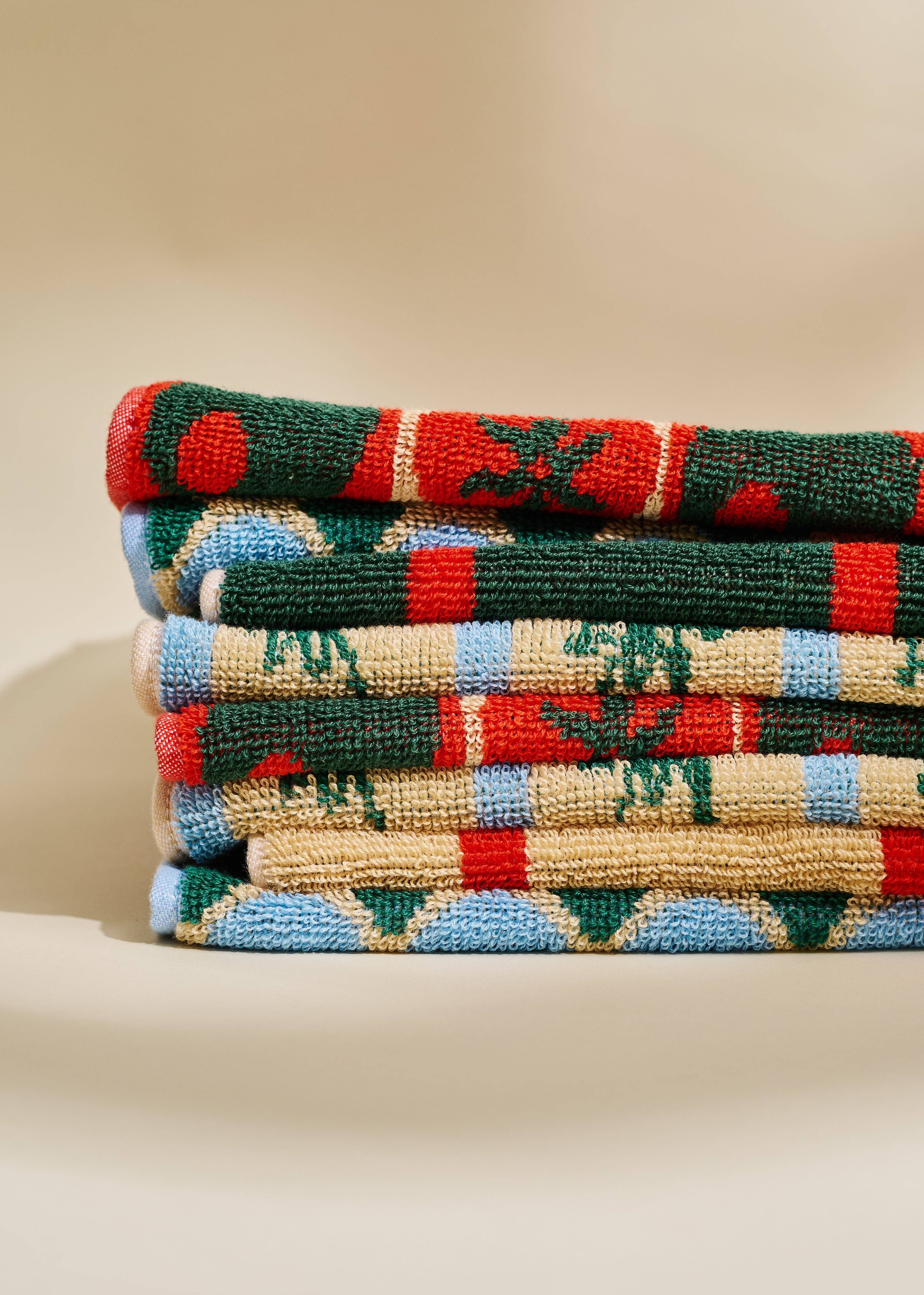 One & Only Paper - Wholesale Hand Towel - Heirloom Heat Checked Olive and Tomato Cotton Terry Cloth Towel4