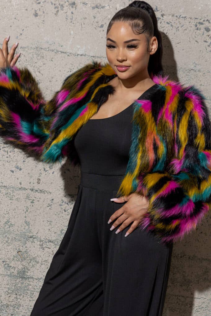 BLACK MULTI FURRY COAT WITH PUFFY SLEEVES AND SATIN LINING for wholesale on Faire2