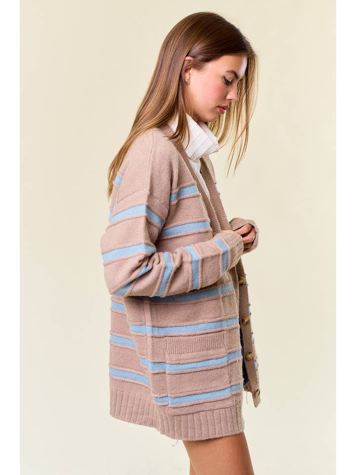 Doe and Rae - Wholesale Cardigan - Women's - Striped Front Button Closure Sweater Cardigan - 10616J