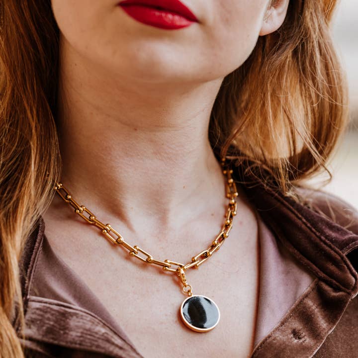 Chunky link chain with detachable black enamel charm for wholesale by Love Green Jewellery