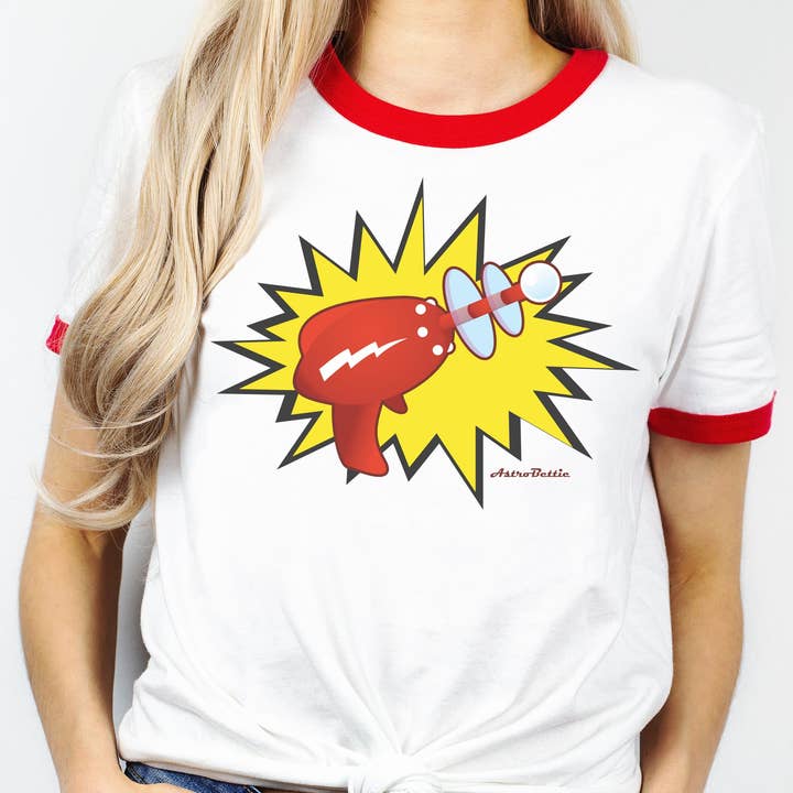 RayGun Red and White Ringer T-Shirt for wholesale by Astro Bettie