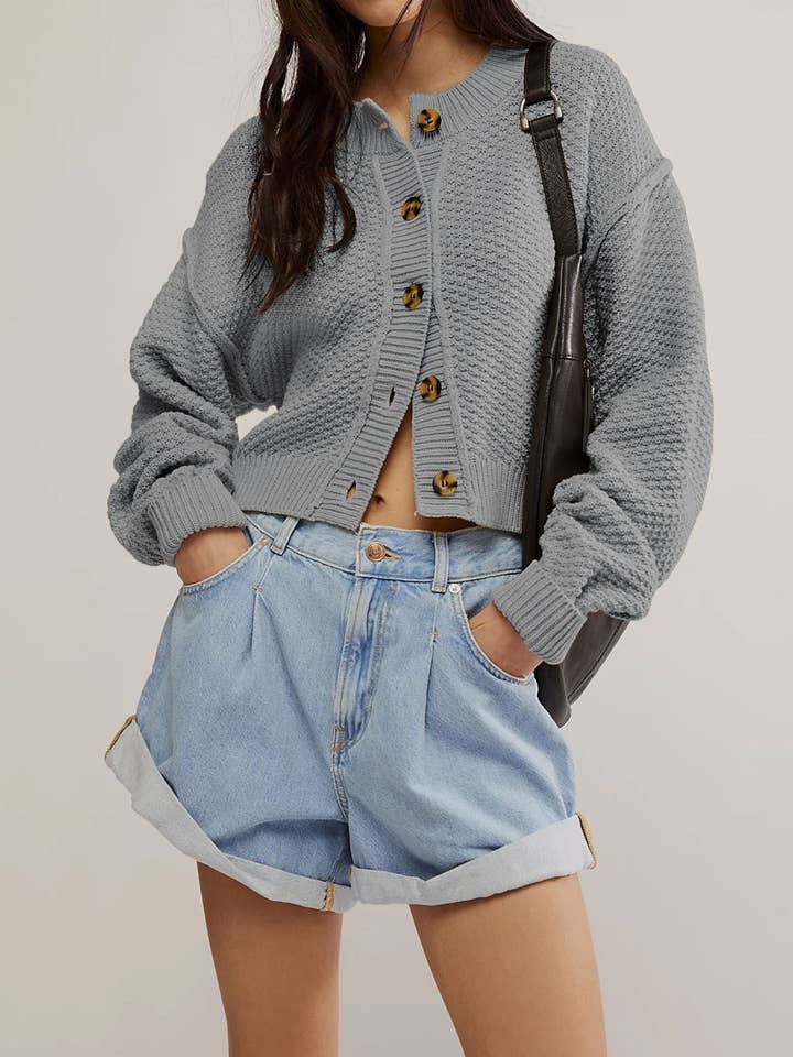 Rosa Clothing - Wholesale Cardigan - Women's - Slouchy button down cropped textured knit cardigan