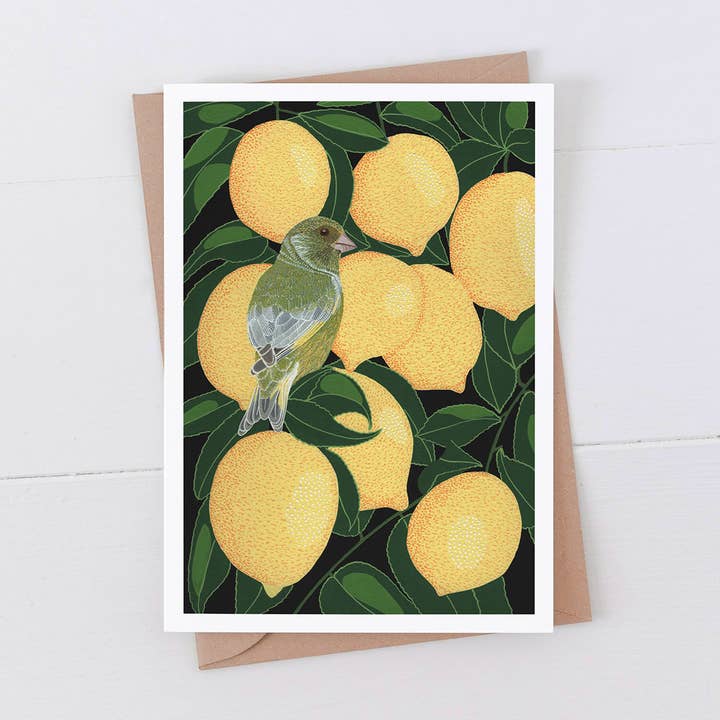 Greenfinch in the Lemons for wholesale by Bird the Artist