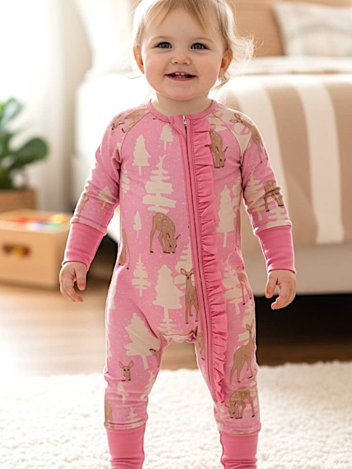 Christmas tree printed baby onesie with ruffle. LR080706-SOL for wholesale by Kids Charm Online