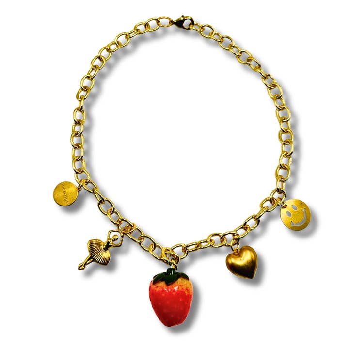 Kids Gold Charm Necklace, Strawberry, Ballerina, Heart charm for wholesale by Sadie’s Moon