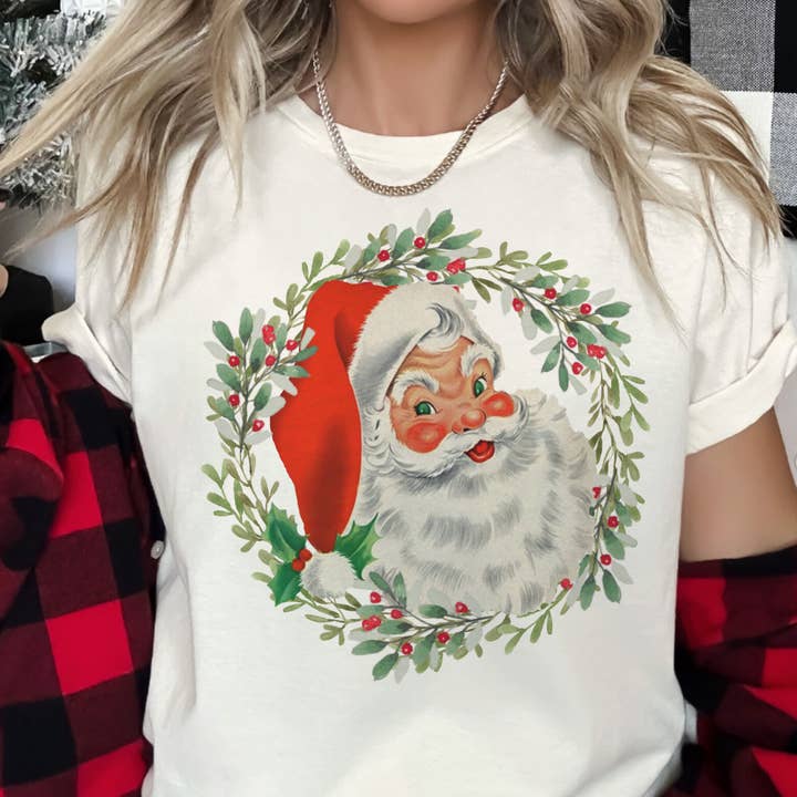 Par.tees by Party On! – Großhandel T-Shirt (Grafikdruck) – Unisex – Vintage Santa Kranz Retro Weihnachtsmann Grafik T-Shirt