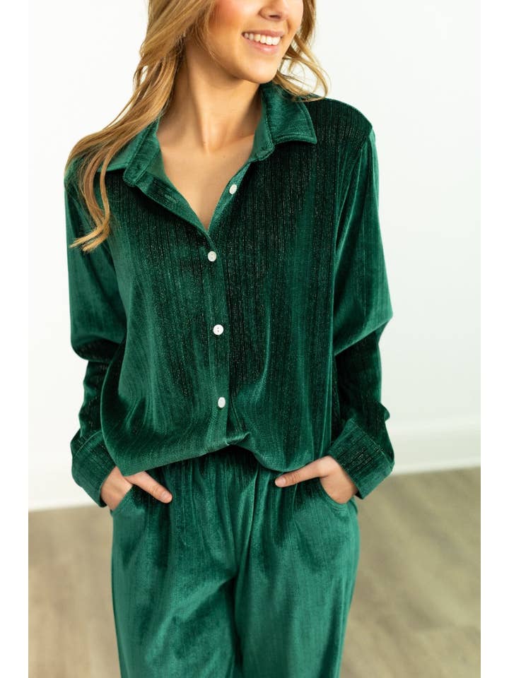 Velvet Button-Up Top, Green for wholesale on Faire6