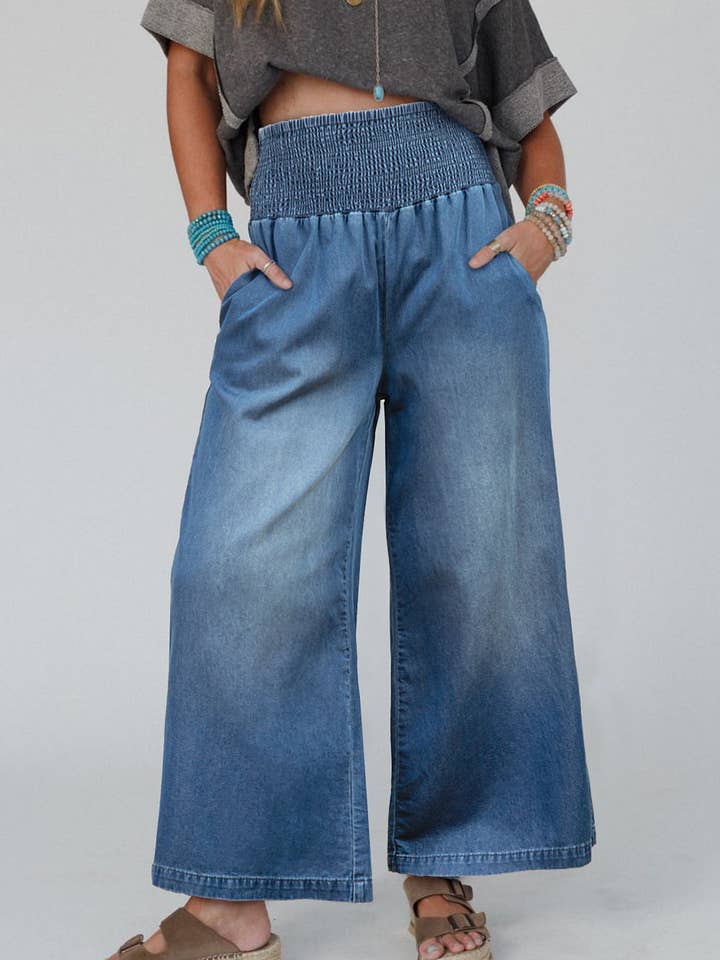 Ashleigh Blue Smocked Waist Wide Leg Jeans for wholesale on Faire