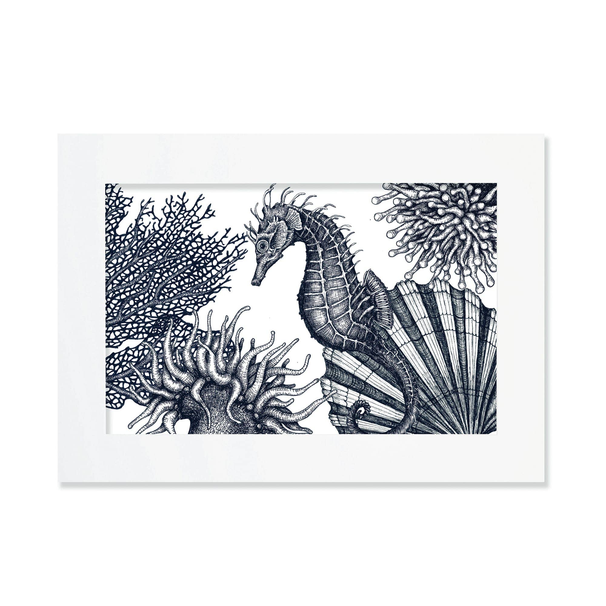 Cream Cornwall – wholesale Art print – Blue & White Seahorse Scene Art Print – Mounted in 3 Sizes4