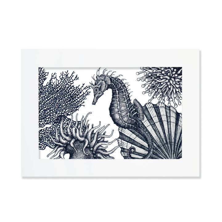 Cream Cornwall – wholesale Art print – Blue & White Seahorse Scene Art Print – Mounted in 3 Sizes4