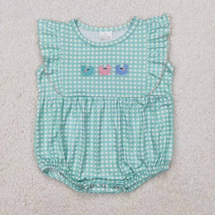 Aier Wholesale - Wholesale Bodysuit (Non-Footed) - Baby - Embroidery Baby Infant Girls Green Checkered Crabs Rompers