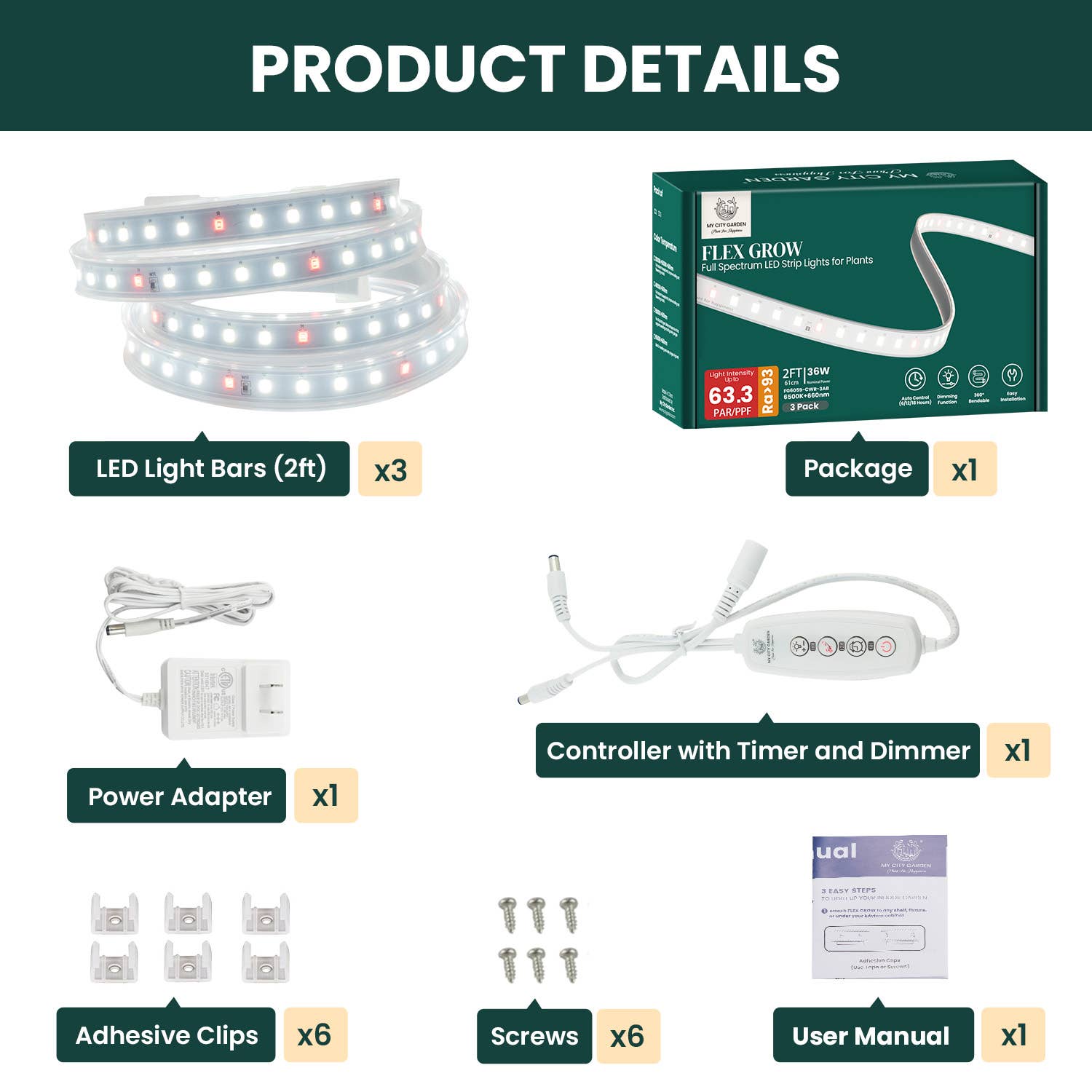 MY CITY GARDEN - Wholesale Garden Tool - FLEX GROW, Transparent Tube LED Grow Light, 6500K, 3pcs- eco1