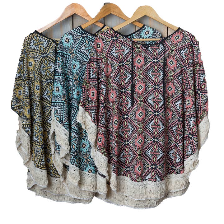 Summer Fringed Poncho – Geometric Print Fringy Edge
for wholesale by Chloe & Lex