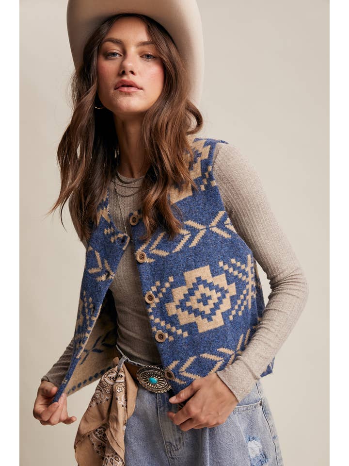 Listicle - Wholesale Sweater Vest - Women's - Southwestern Button-Up Vest LSW09773