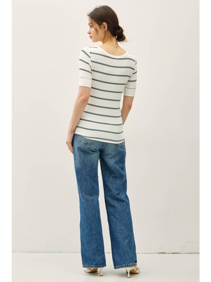 Be Cool - Wholesale Knit Top - Women's - CLASSIC RIBBED STRIPED HENLEY NECK SHORT SLV TOP