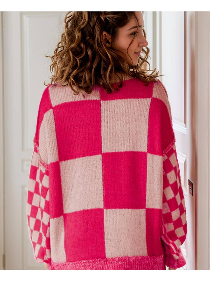 Rose Red Mixed Checkered Pattern Drop Shoulder Loose Sweater for wholesale on Faire