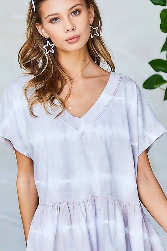 GREY V Neck Drop Shoulder Baby Doll Tie-Dye Top for wholesale on Faire8