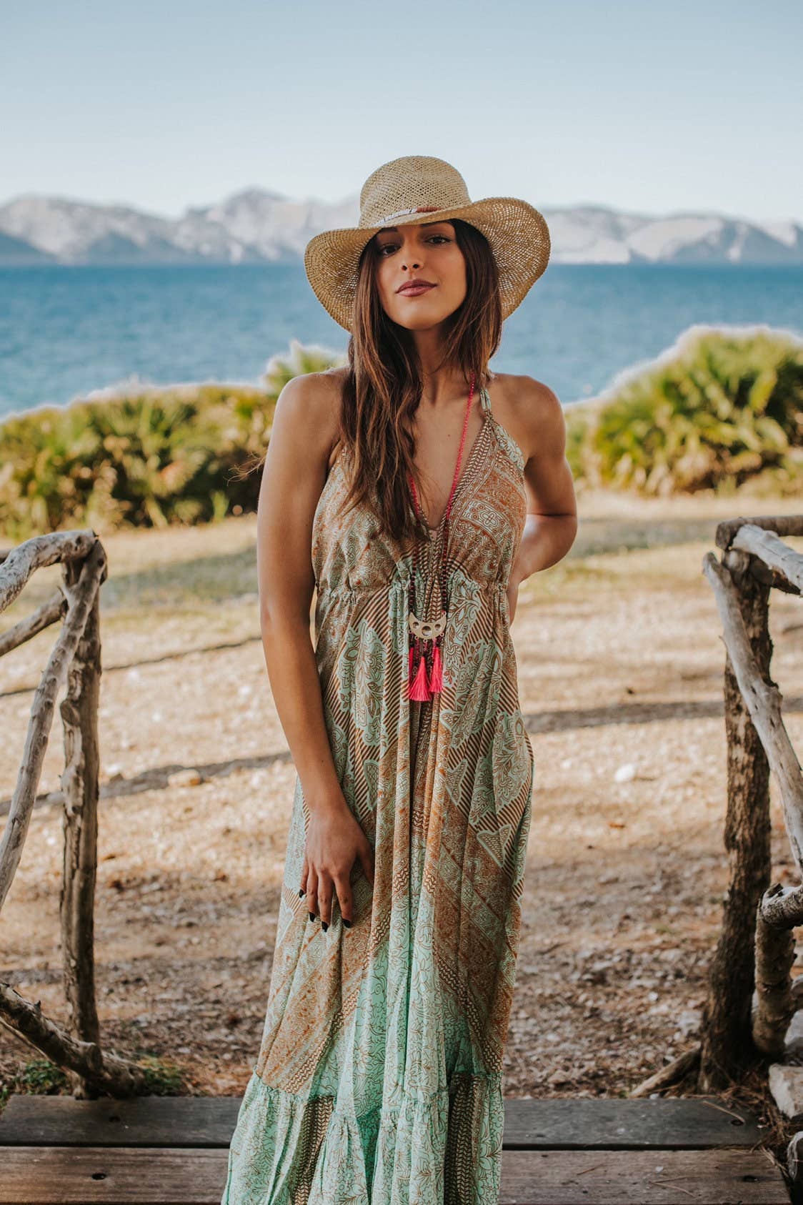 Miss Kitsch - Wholesale Dress - Women's - IBIZA DRESS Boho Long Silk Dress, Sea Green and Gold8