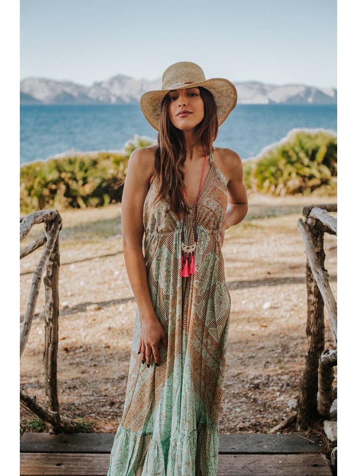 Miss Kitsch - Wholesale Dress - Women's - IBIZA DRESS Boho Long Silk Dress, Sea Green and Gold8