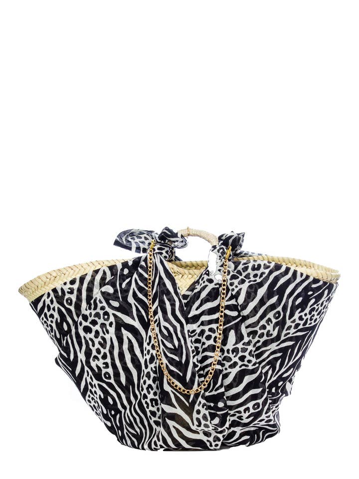 Sac de plage en paille avec paréo à motif zèbre et palmiers, You, Made in Italy pour la vente par Ayfee