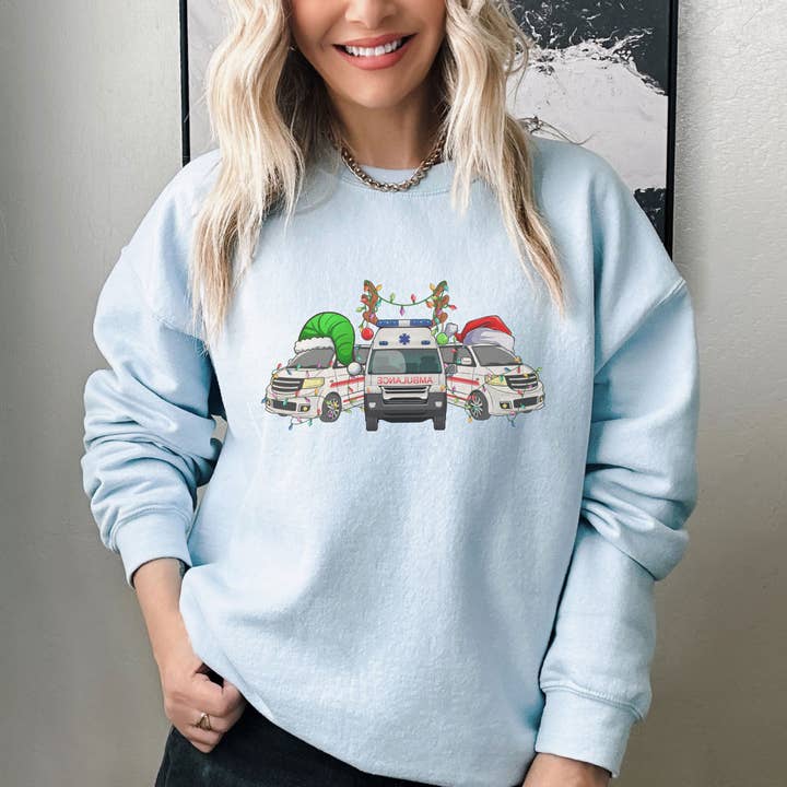 NVC Ecommerce LLC - Wholesale Graphic Sweatshirt - Women's - Ambulance Christmas Lights Sweatshirt, Christmas EMT Sweater2