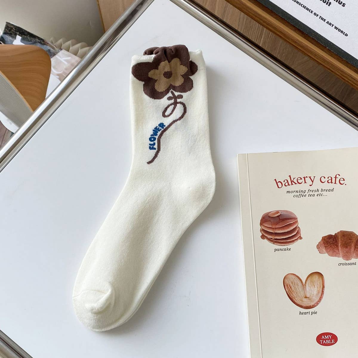 ACCITY - Wholesale Socks - Women's - White coffee color Floral Print Crew Socks_CWMS02980