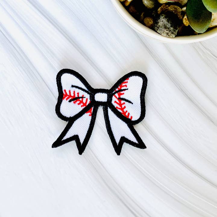 Baseball bow embroidered iron-on hat patch for wholesale by R & R Stitched