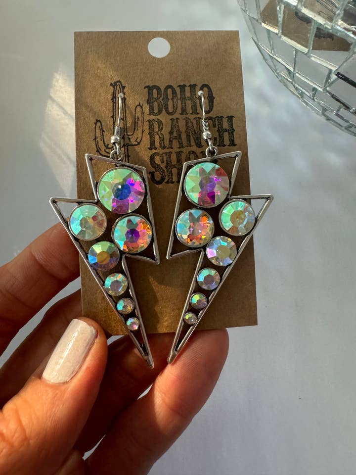 Western Rhinestone Bling Lightning Thunderbolt Earrings for wholesale by Boho Ranch Shop