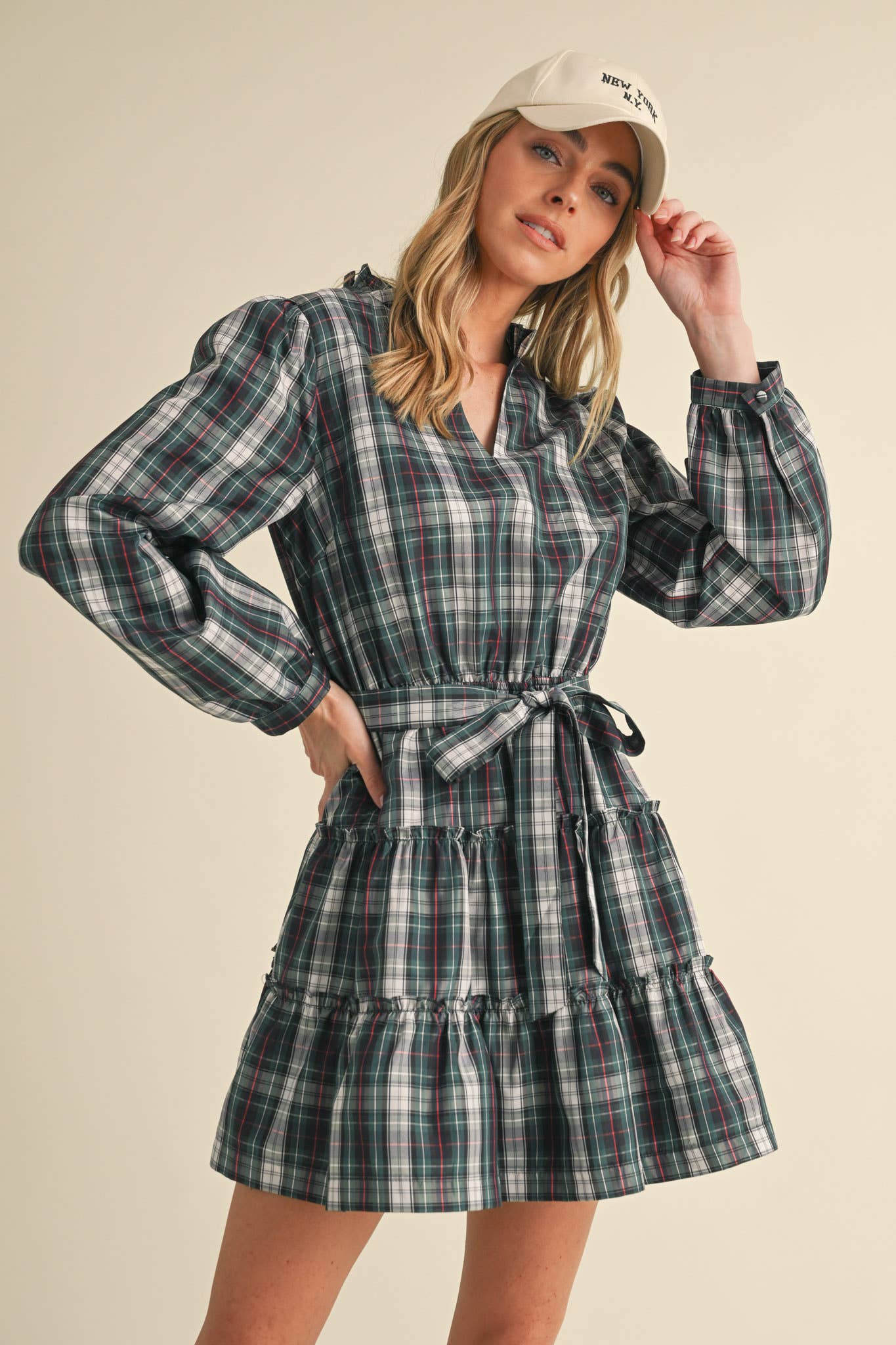 &MERCI - Wholesale Dress - Women's - PLAID MINI DRESS WITH TIERED RUFFLE TRIM MDR35380