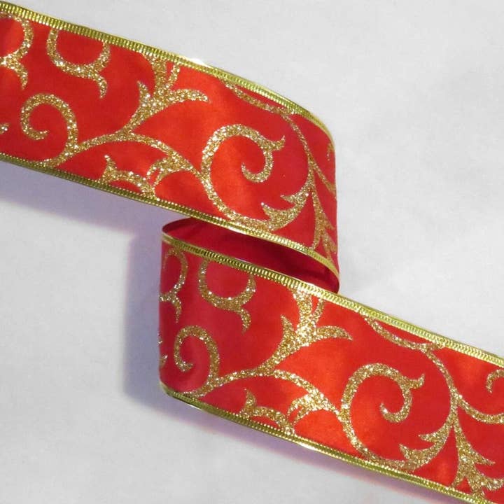 Furlies Greetings - Wholesale Ribbon - Gift Wrapping - Wired Red Christmas Ribbon 40 FEET 2 1/2" Wide Satin & Gold