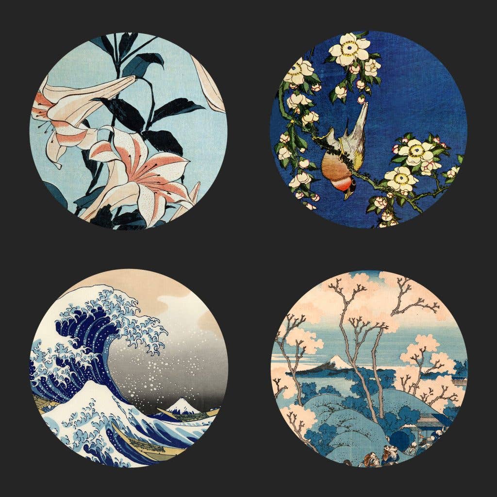 Museum Wholesale Inc - Wholesale Coasters - Hokusai Japanese Wave Flowers Glass Drink Bar Coasters Set of 4 with Storage Stand0