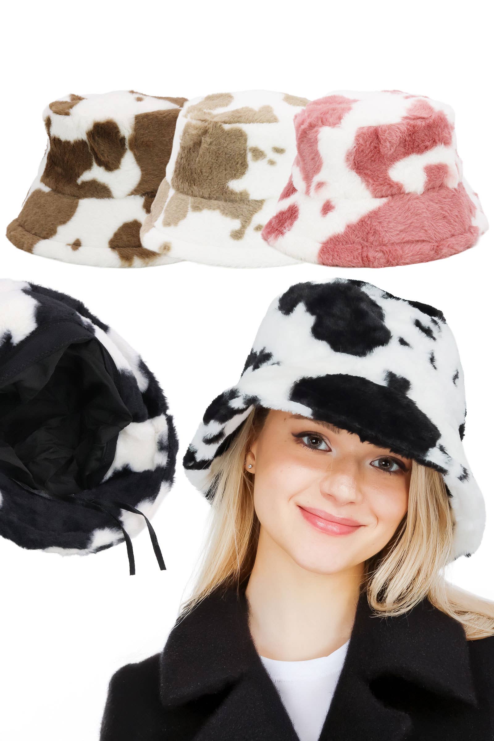 Cap Zone - Wholesale Bucket Hat - Women's - Cow Print Fluffy Faux Fur Bucket Hat0