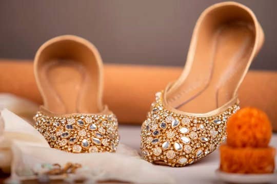 Quintessential Kundan Embellished Satin Gold Wedding Flats Jutti Khussa for wholesale on Faire0