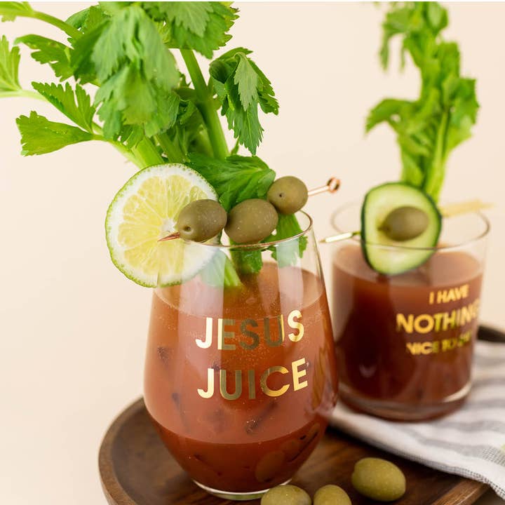 Chez Gagné - Wholesale Wine glass - Jesus Juice - Gold Foil Stemless Wine Glass1