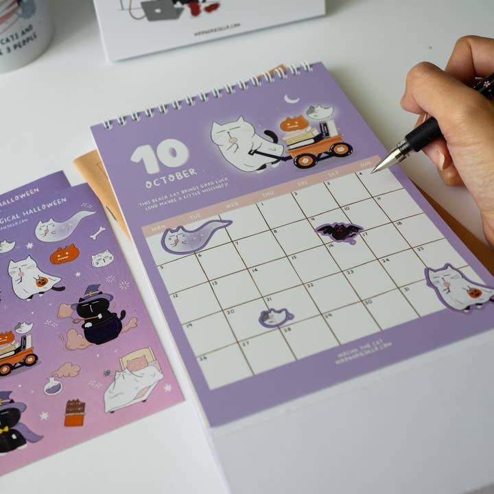 Moonaries illo - Wholesale Calendar - Cute Black Cat Desk Calendar 2026 - A5 portrait19