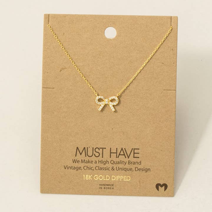Fame Accessories - Wholesale Pendant/Charm Necklace - Gold Dipped Cz Stud Ribbon Bow Pendant Necklace1