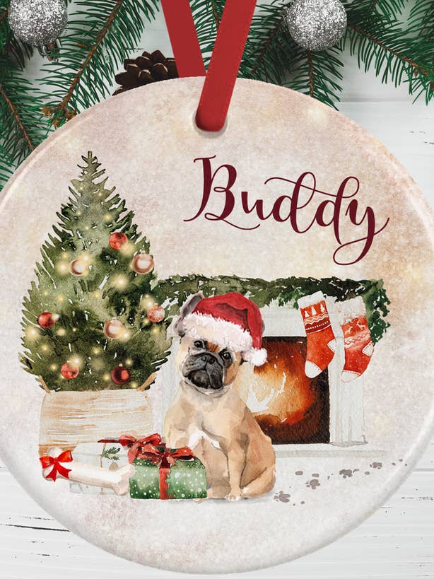 Tan French Bulldog Christmas Decoration for wholesale by WagATudeTags