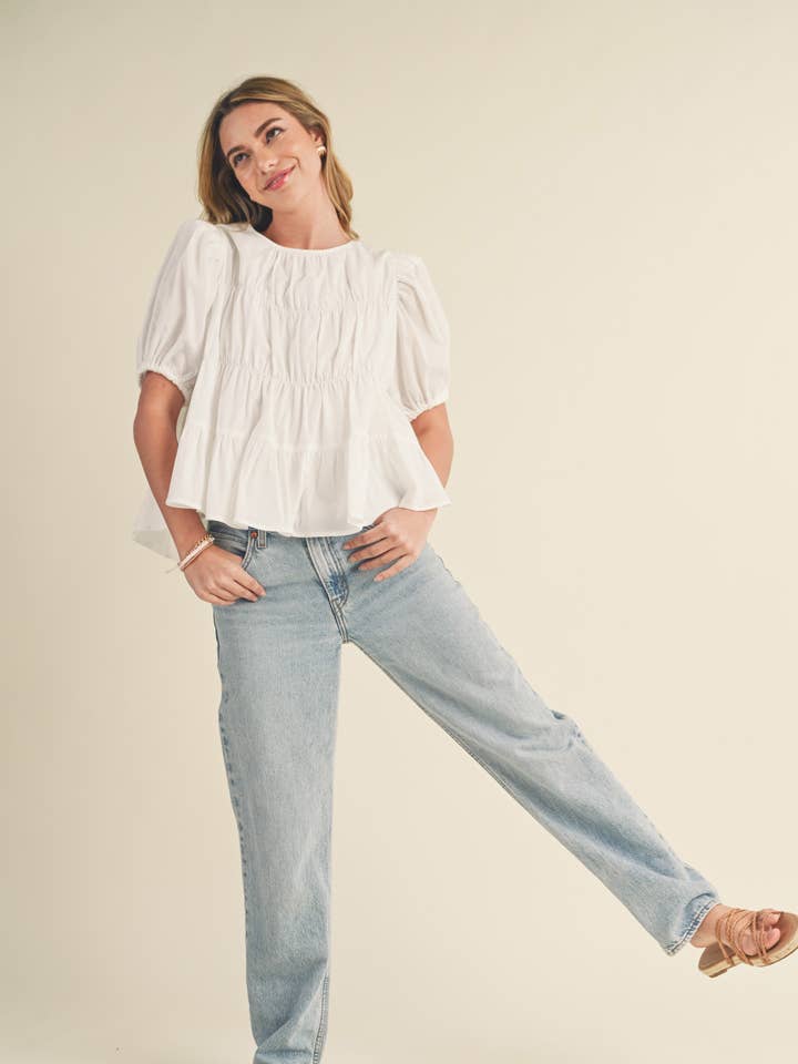 &MERCI - Wholesale Blouse - Women's - TIERED SHIRRING PUFF SLEEVE TOP MTP3081