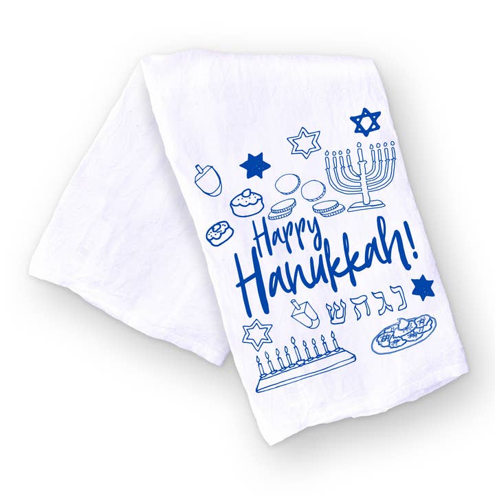 Designing Moments - Wholesale Tea Towel - Happy Hanukkah Icons Jewish Holiday Kitchen and Hand Dish Towel1