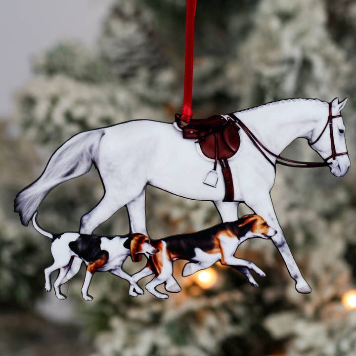 Lt. Gray Fox Hunter Horse and Hounds Field Hunter Ornament for wholesale by Classy Equine